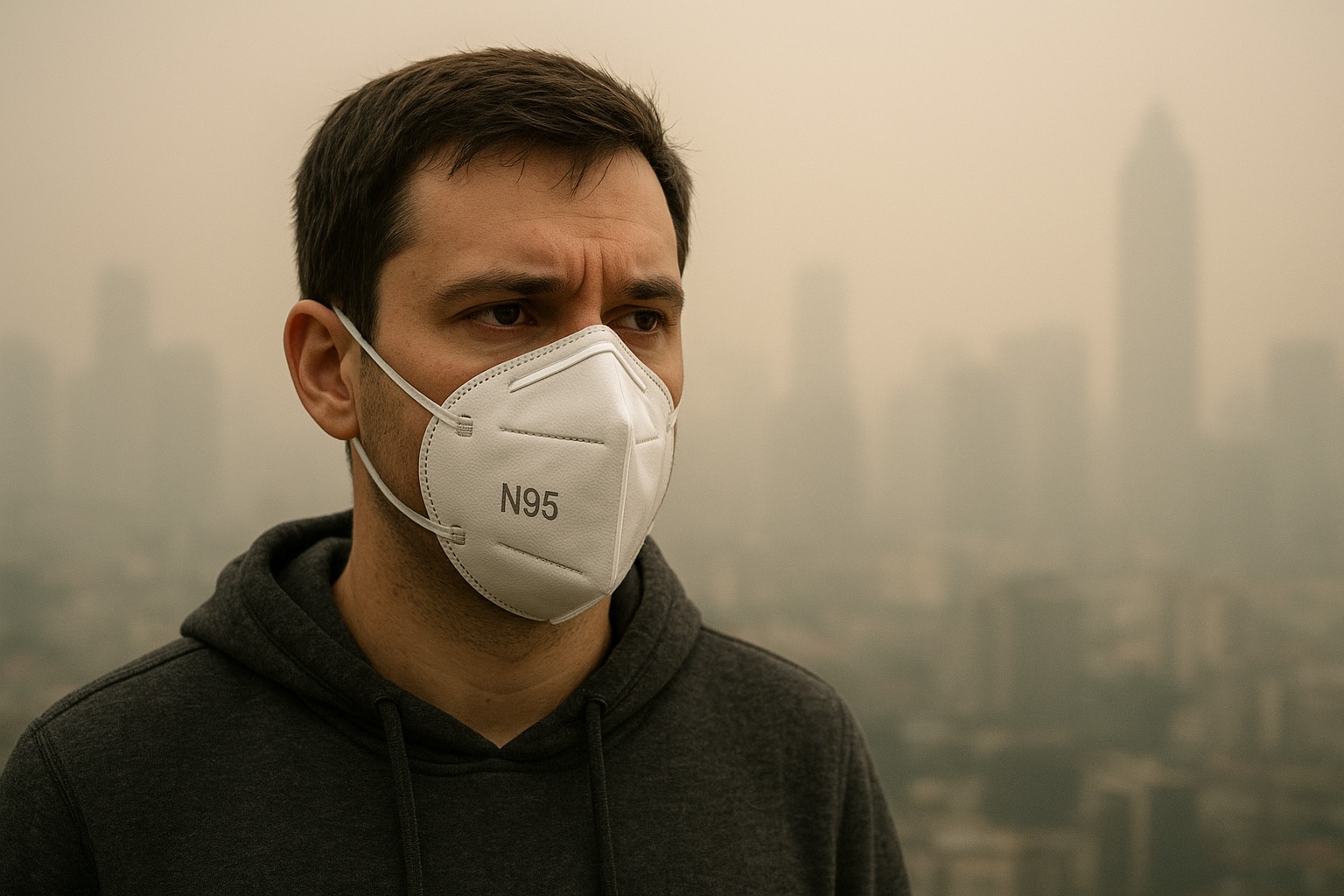Person wearing N95 mask outdoors with smoggy city background