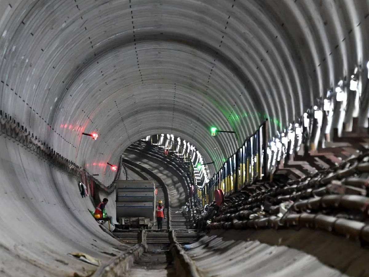 Construction work at Namma Metro tunnel site with traffic diversions in Bengaluru