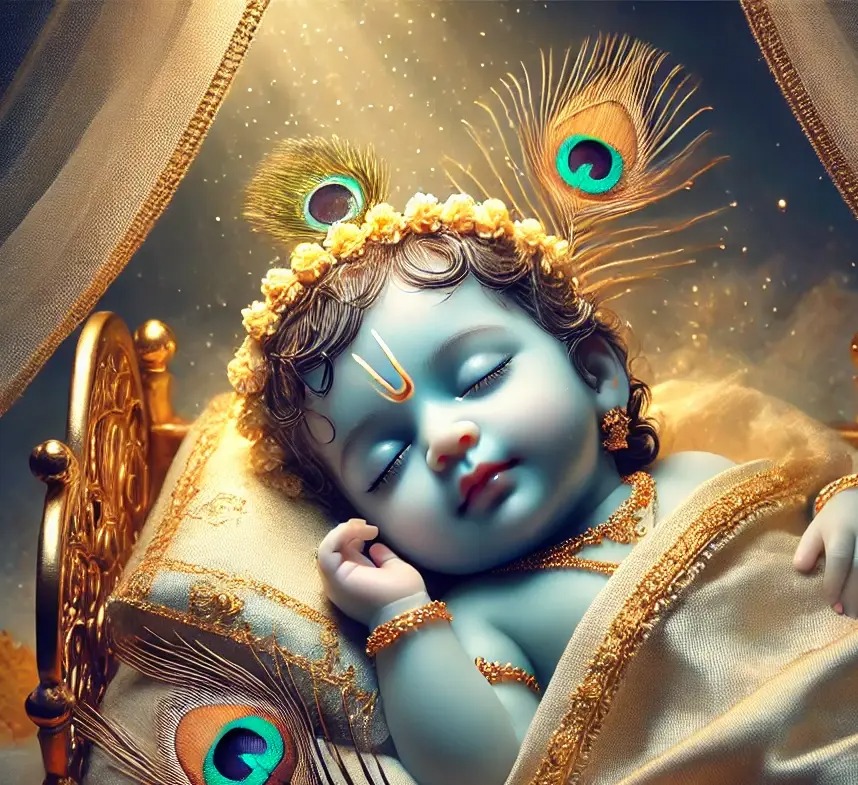 Lord Krishna Janmashtami celebration with decorated cradle and devotees singing bhajans
