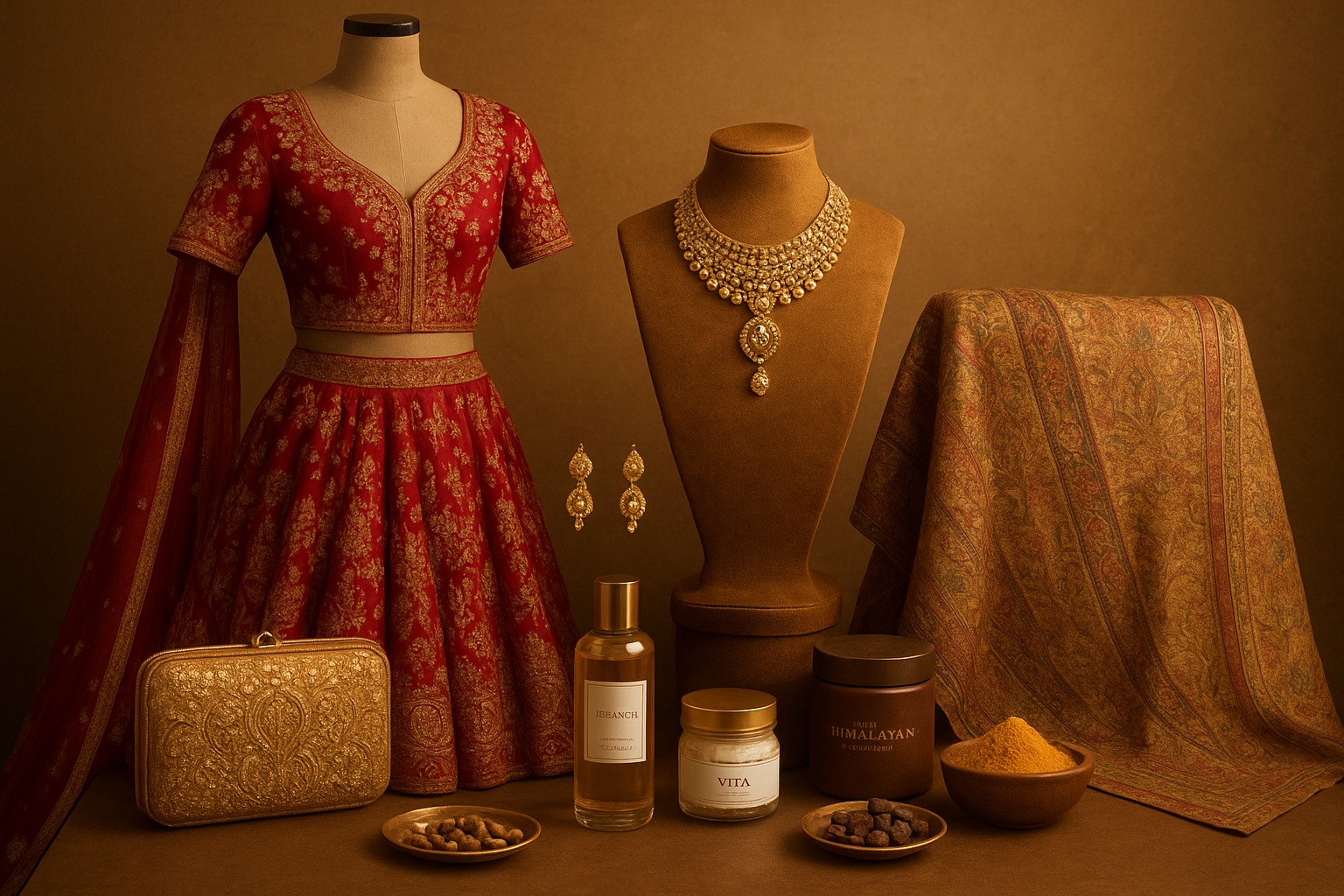 Luxury Indian fashion, jewelry, and wellness products showcasing Made-in-India brands