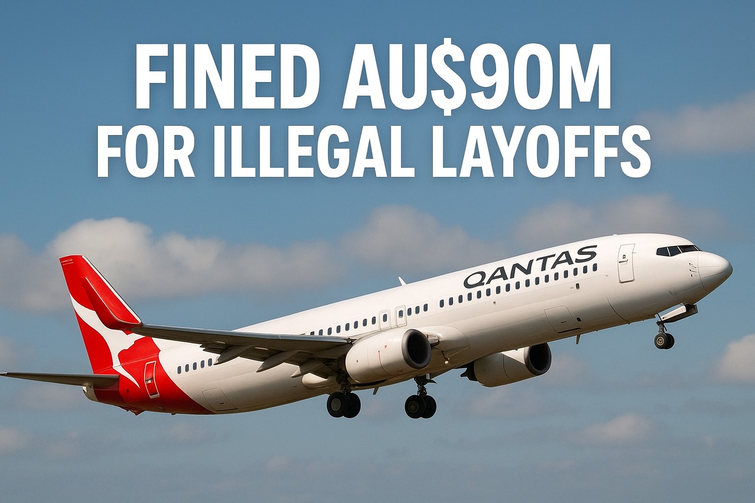 Qantas aircraft taking off with overlay text “Fined AU$90M for Illegal Layoffs