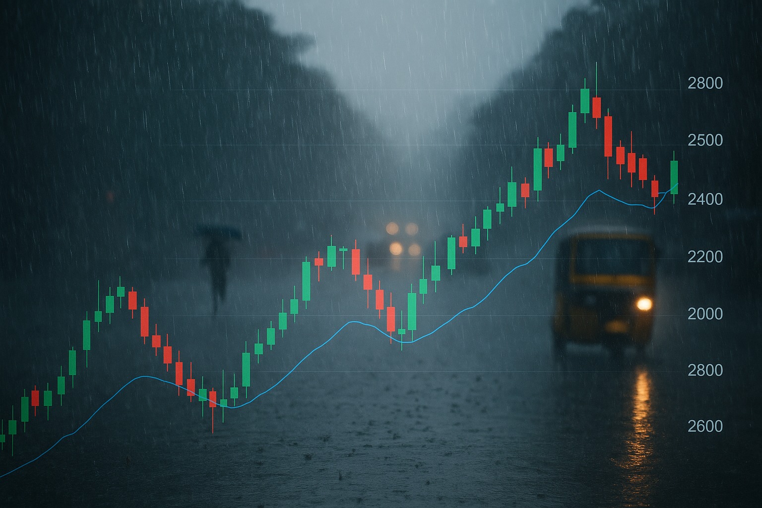 Stock market graph blended with monsoon rains in India