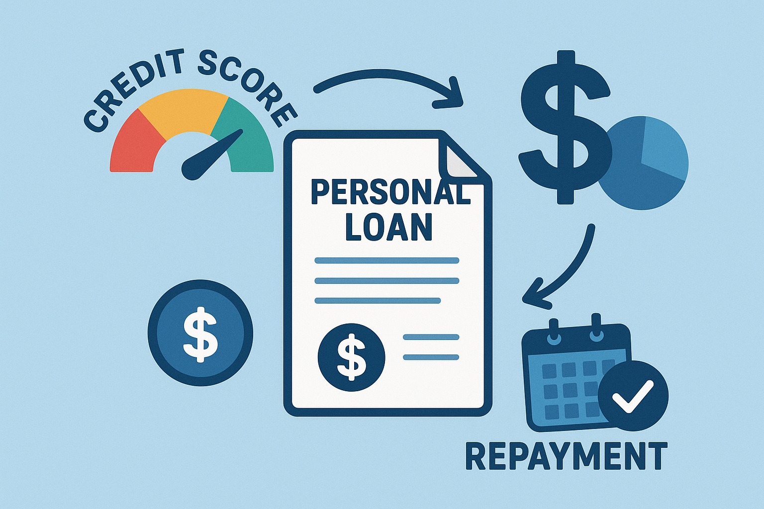Personal loans impacting credit score with balance and repayment icons