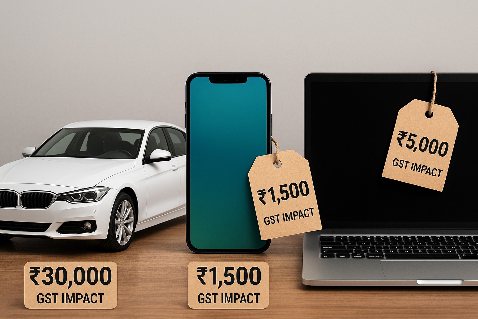 Cars, mobile phones, and laptops with price tags showing GST impact