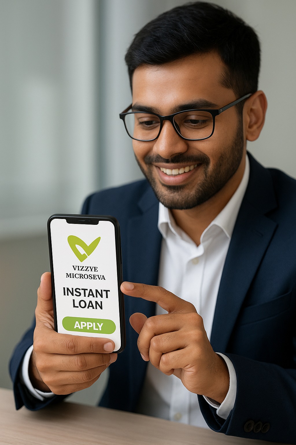 Young professional applying for Vizzve Microseva instant loan on smartphone
