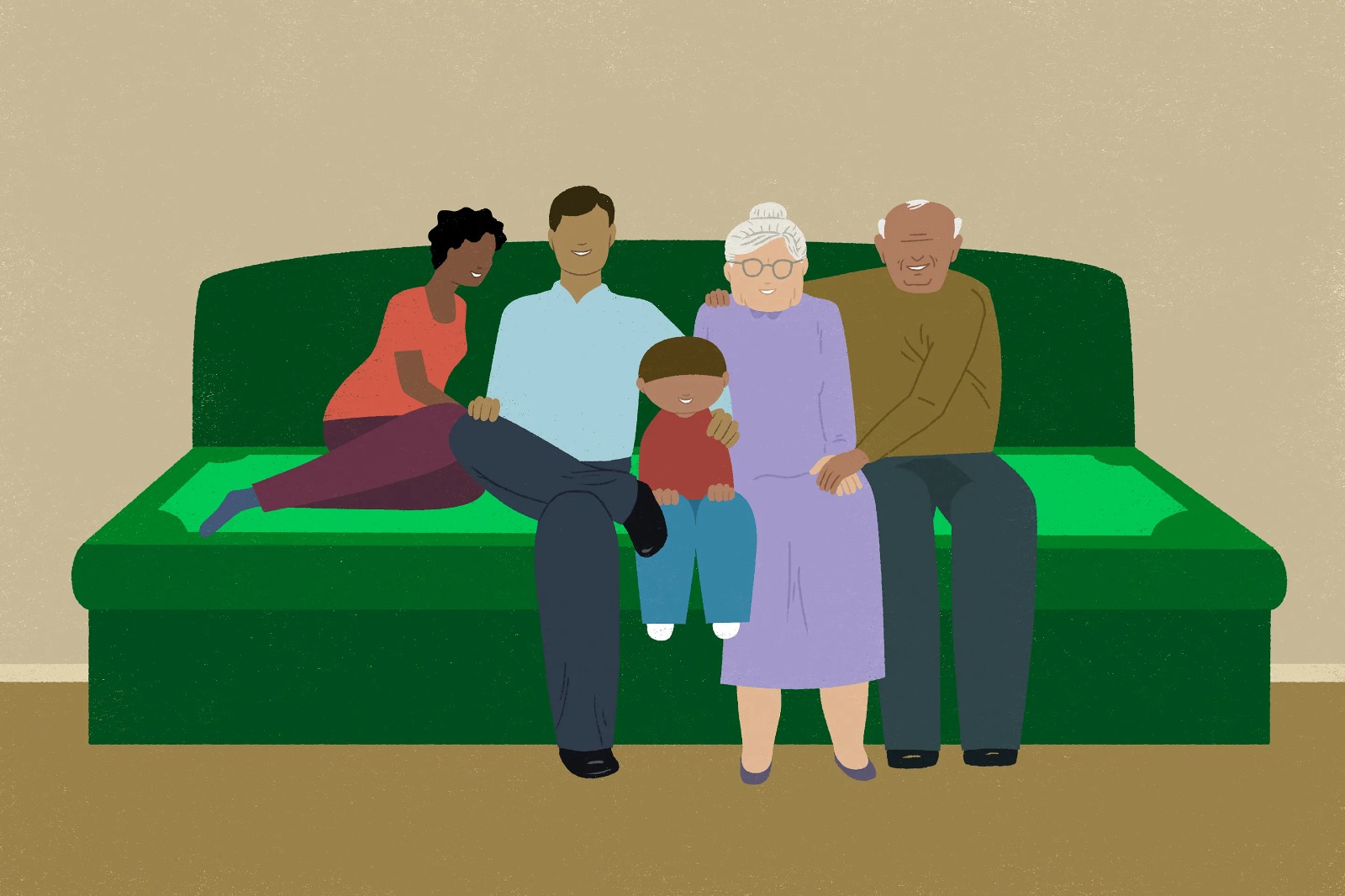 Happy family arranging furniture after moving with financial help