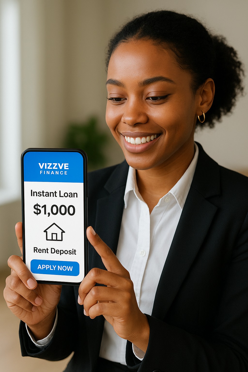 Young professional using Vizzve Finance instant loan app to pay rent deposit