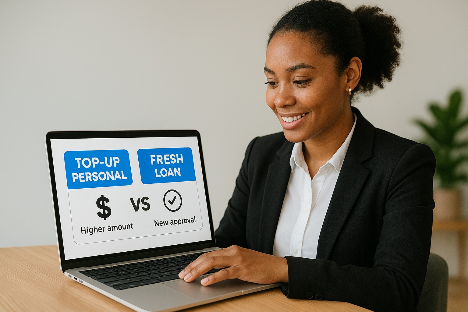 Customer comparing top-up personal loan vs fresh loan on laptop