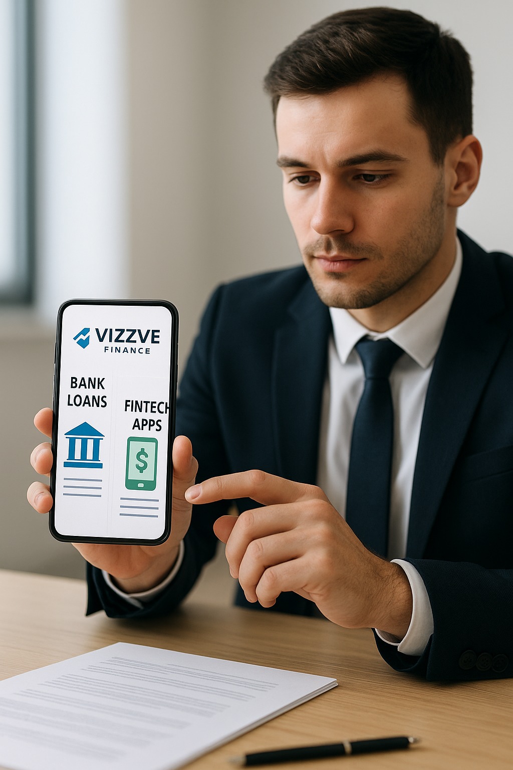 Young professional comparing bank loans vs fintech apps on smartphone with Vizzve Finance