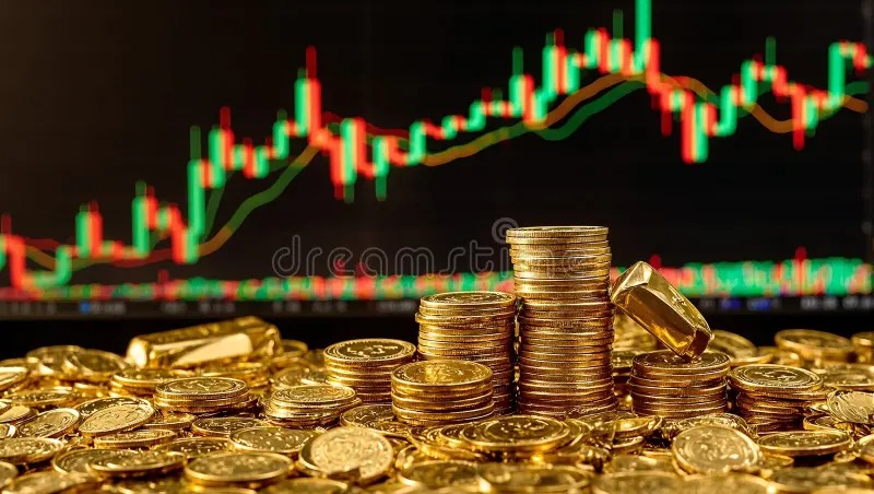 Gold bars and coins with market charts in background