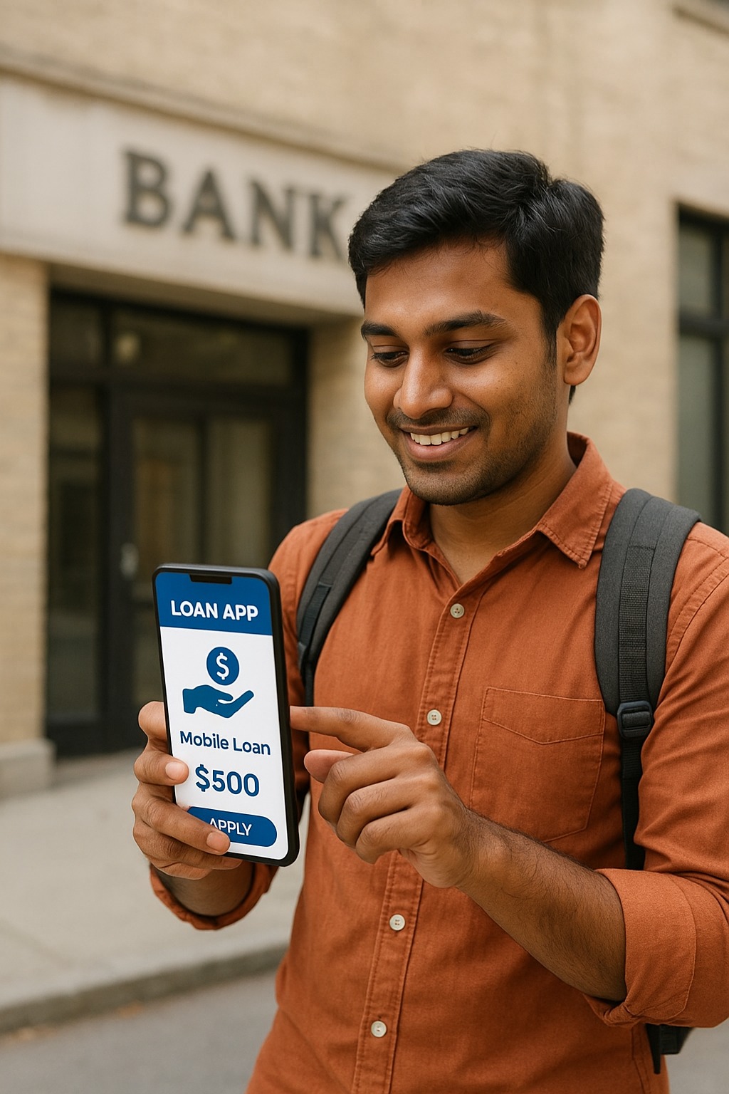 Young Indian using a mobile loan app instead of visiting a bank