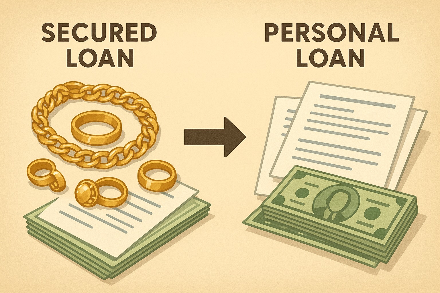 Concept of secured vs personal loans with gold jewelry, documents, and currency notes symbolizing the shift in borrowing trends.