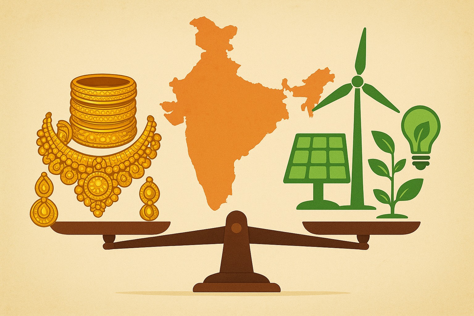 Conceptual image showing gold jewelry on one side and green renewable energy icons on the other, symbolizing India’s economic balance