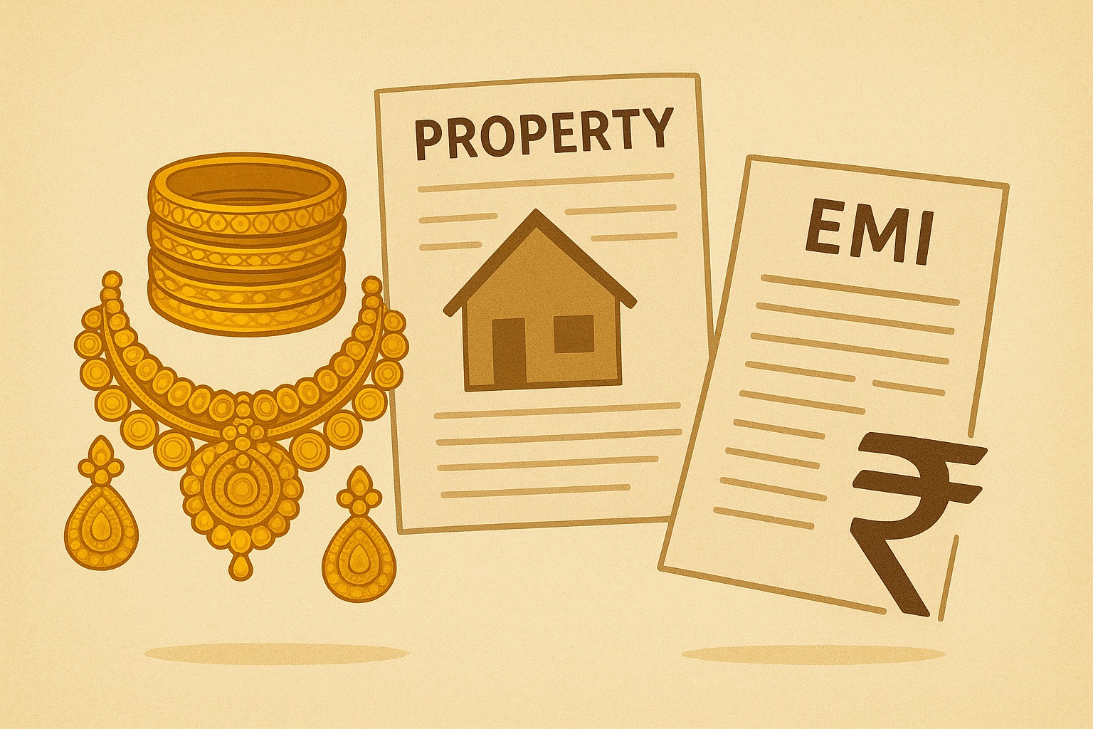Illustration showing gold jewelry, property documents, and EMI bills representing India’s shift towards secured borrowing.