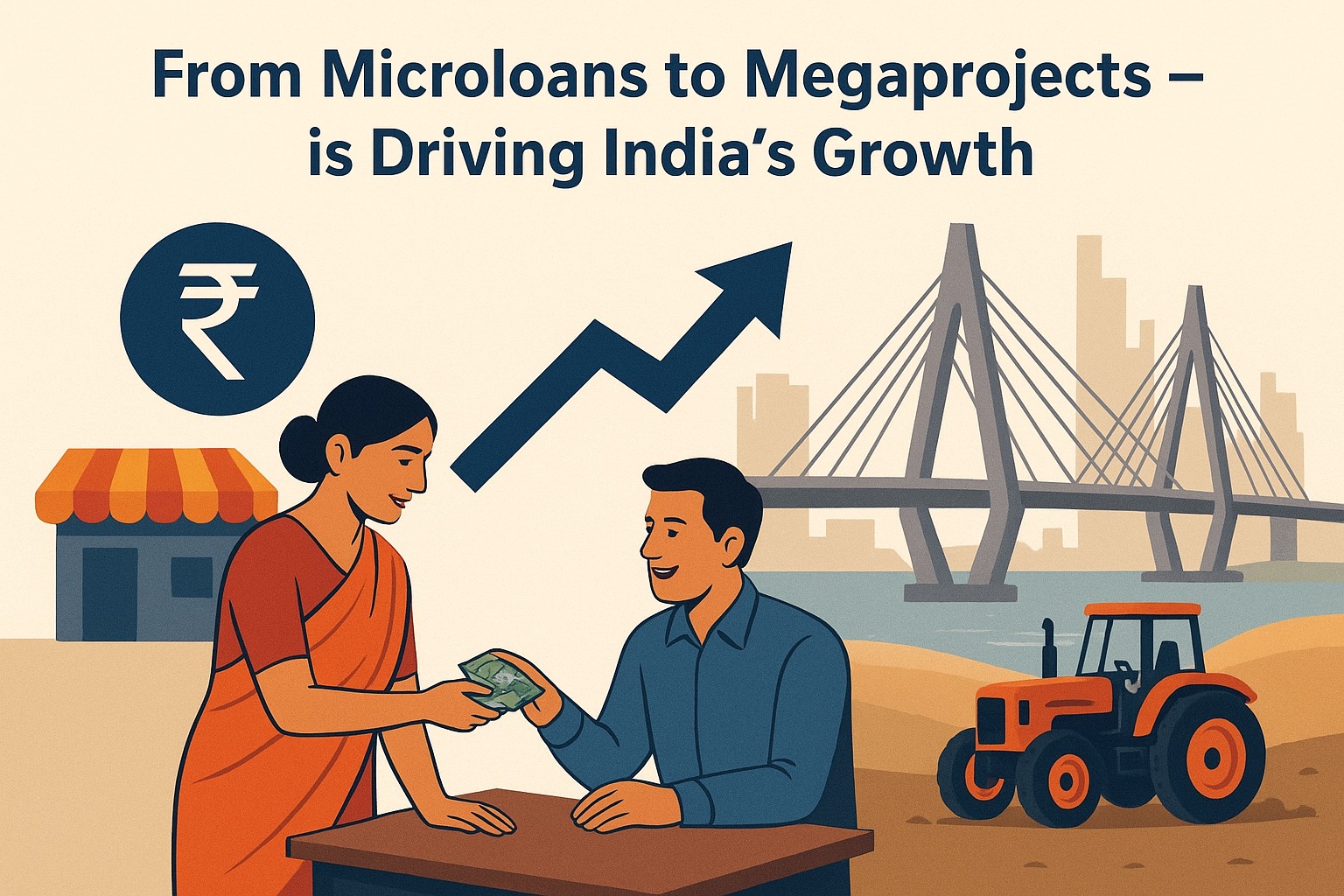 Contrast of a rural woman taking a microloan with large-scale infrastructure projects in India, symbolizing finance at every level