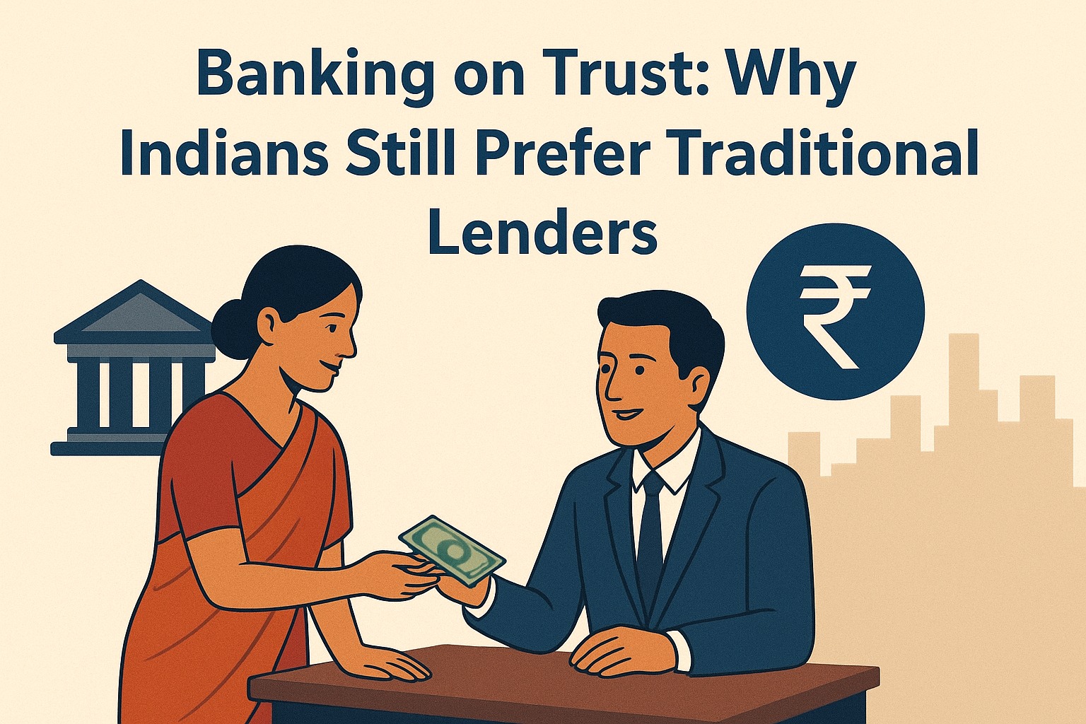 An Indian bank branch with customers speaking to loan officers, symbolizing traditional lending and trust in financial institutions