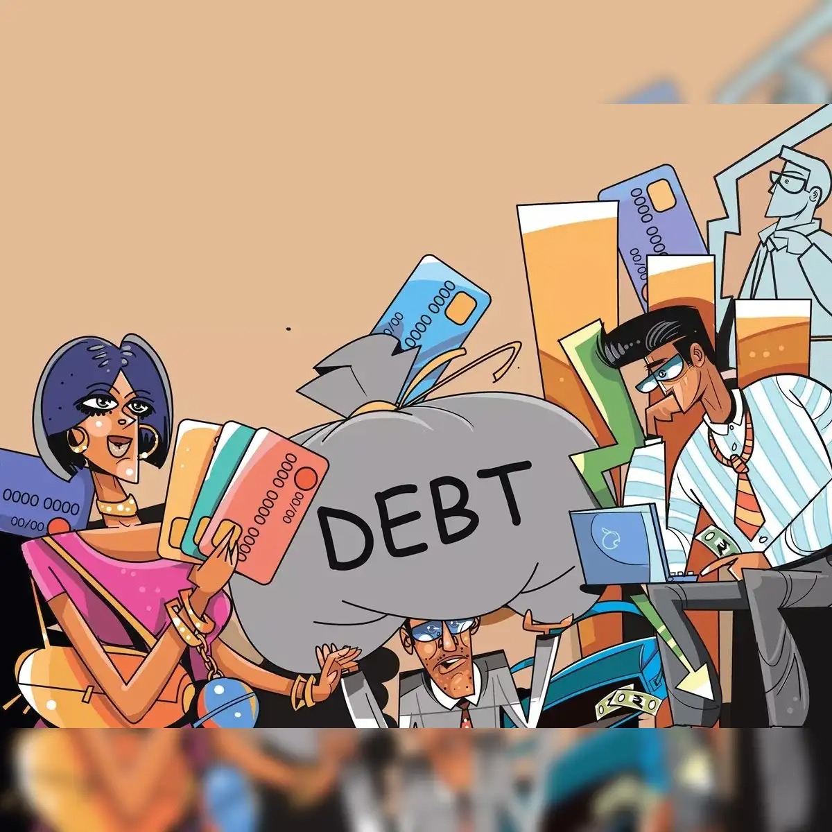 An Indian borrower weighing money on one side of a balance and debt papers on the other, symbolizing the choice between financial growth and debt trap.