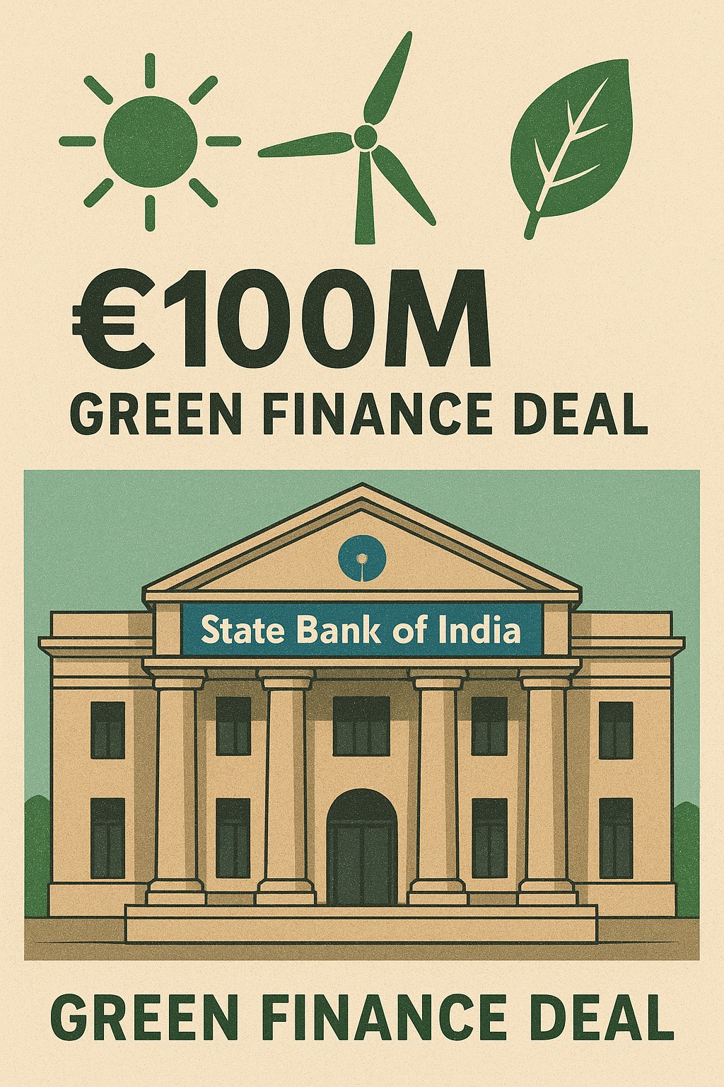 State Bank of India building with renewable energy icons symbolizing the €100M green finance deal for sustainability projects.
