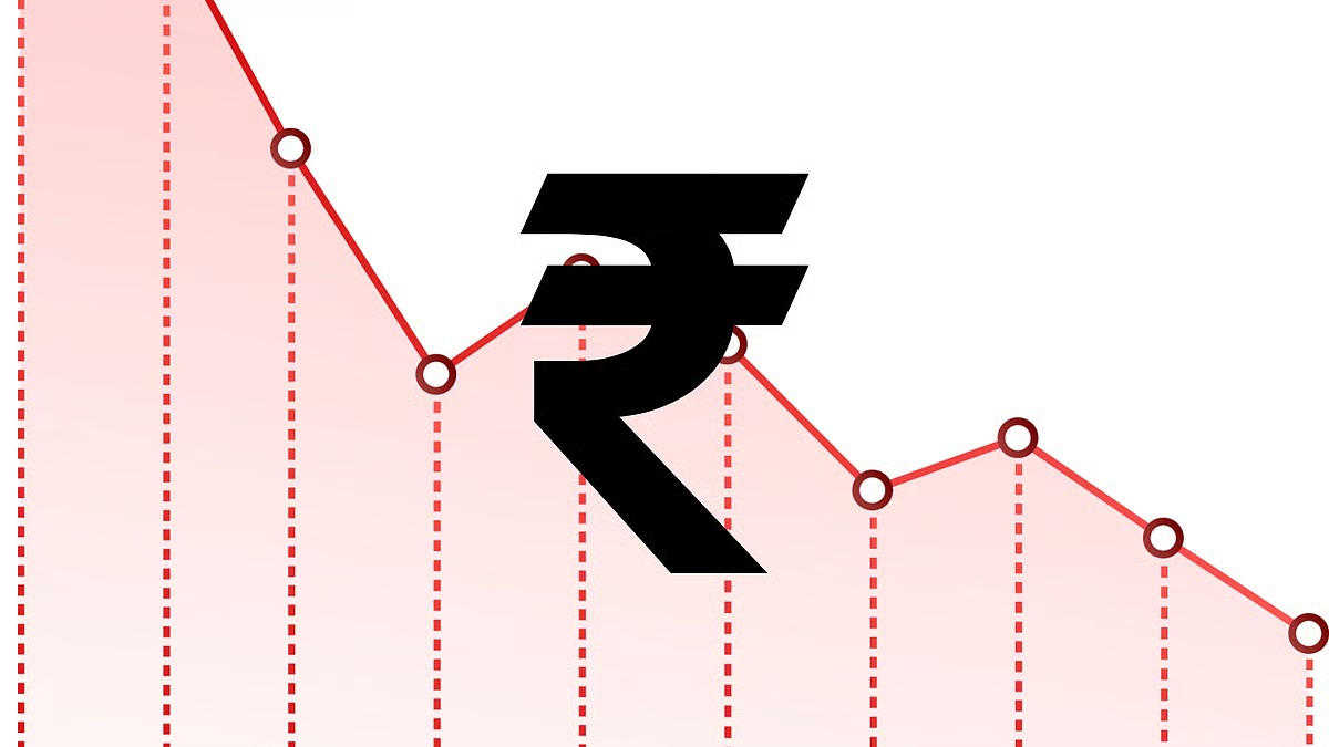 Indian rupee notes with a downward graph, symbolizing the currency hitting historic lows amid US tariffs.