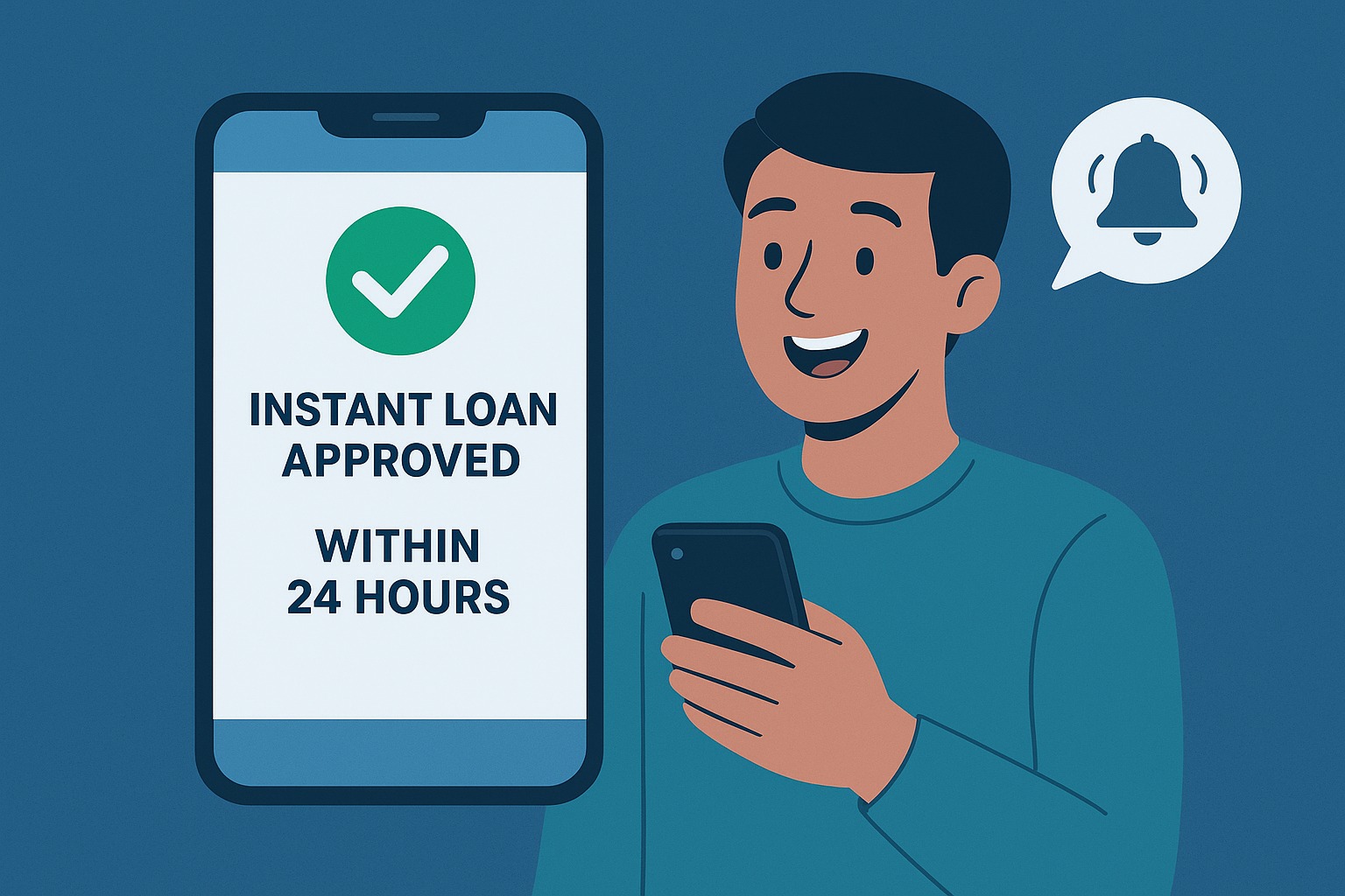 Person receiving instant loan approval notification on mobile within 24 hours.