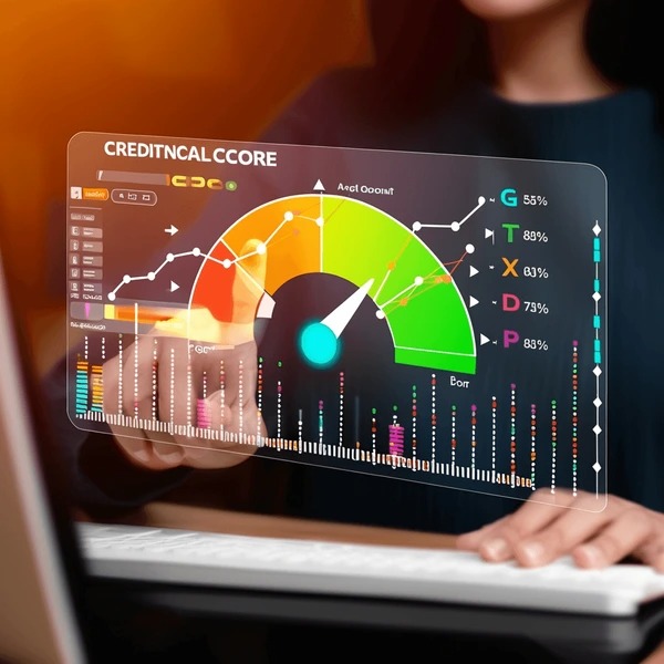 Digital credit scoring dashboard showing AI-driven credit evaluation.
