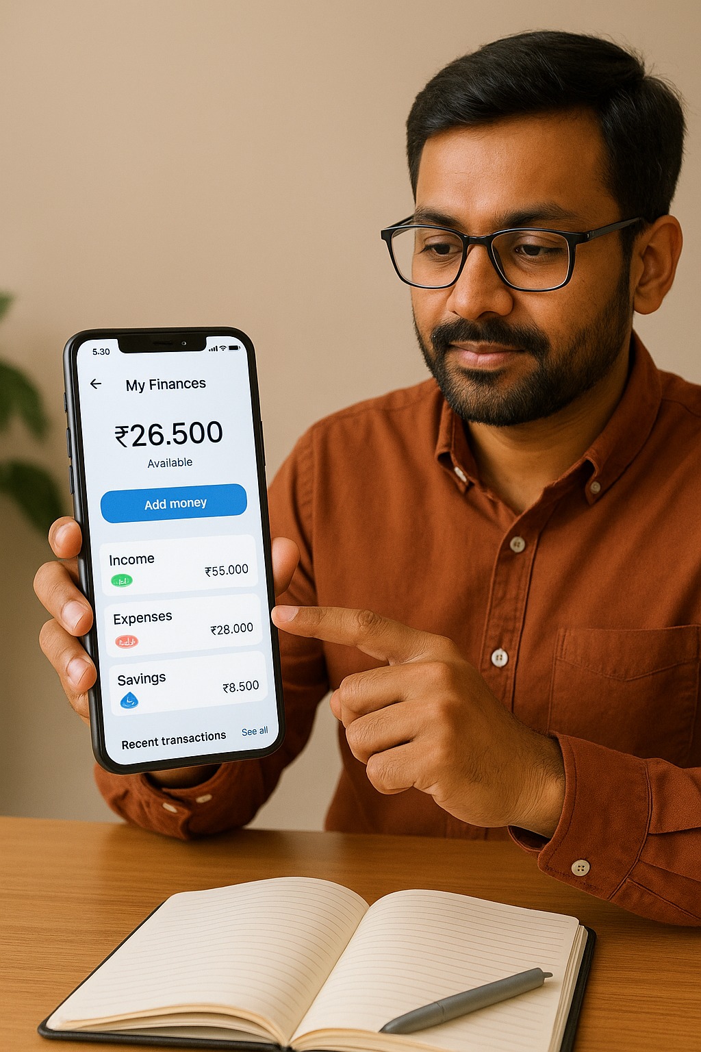 Person managing personal finances on a neobank mobile app in India.