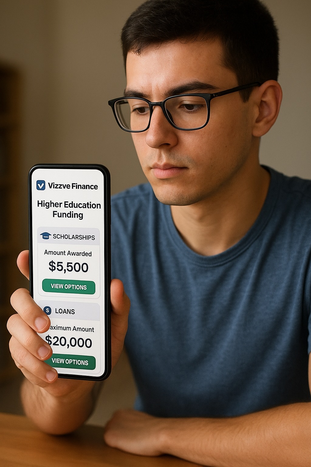 Student comparing scholarships and loan options on Vizzve Finance app for higher education funding.