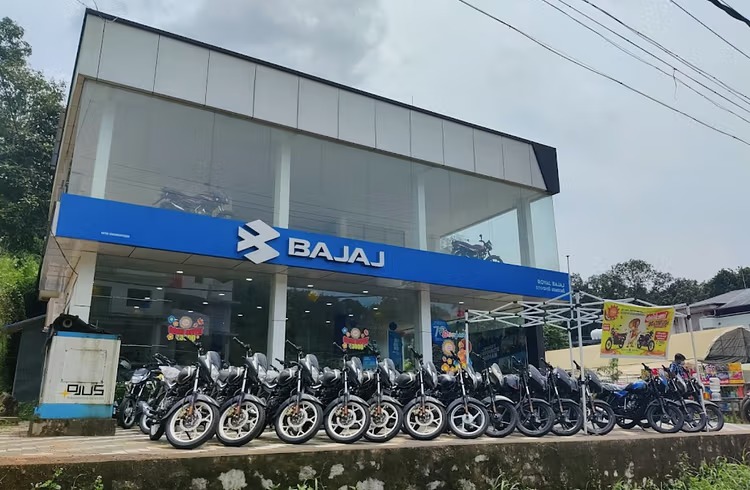 Bajaj Auto showroom showcasing two-wheelers amid August 2025 sales slowdown.