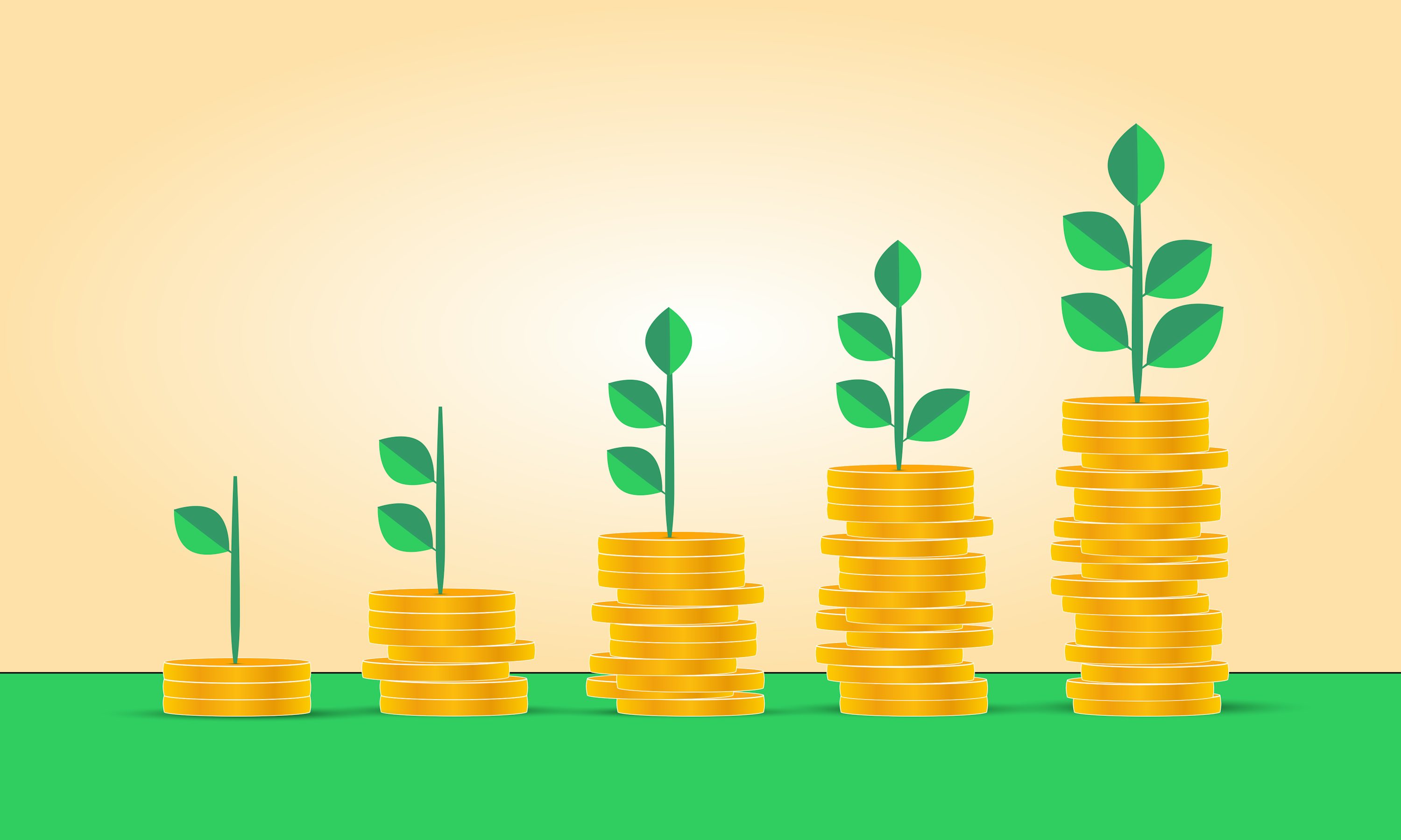 A stack of coins growing into a tree symbolizing long-term wealth growth through investing.