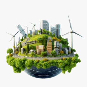 A futuristic digital wallet surrounded by green leaves, solar panels, and wind turbines representing GreenFinTech and sustainable finance.