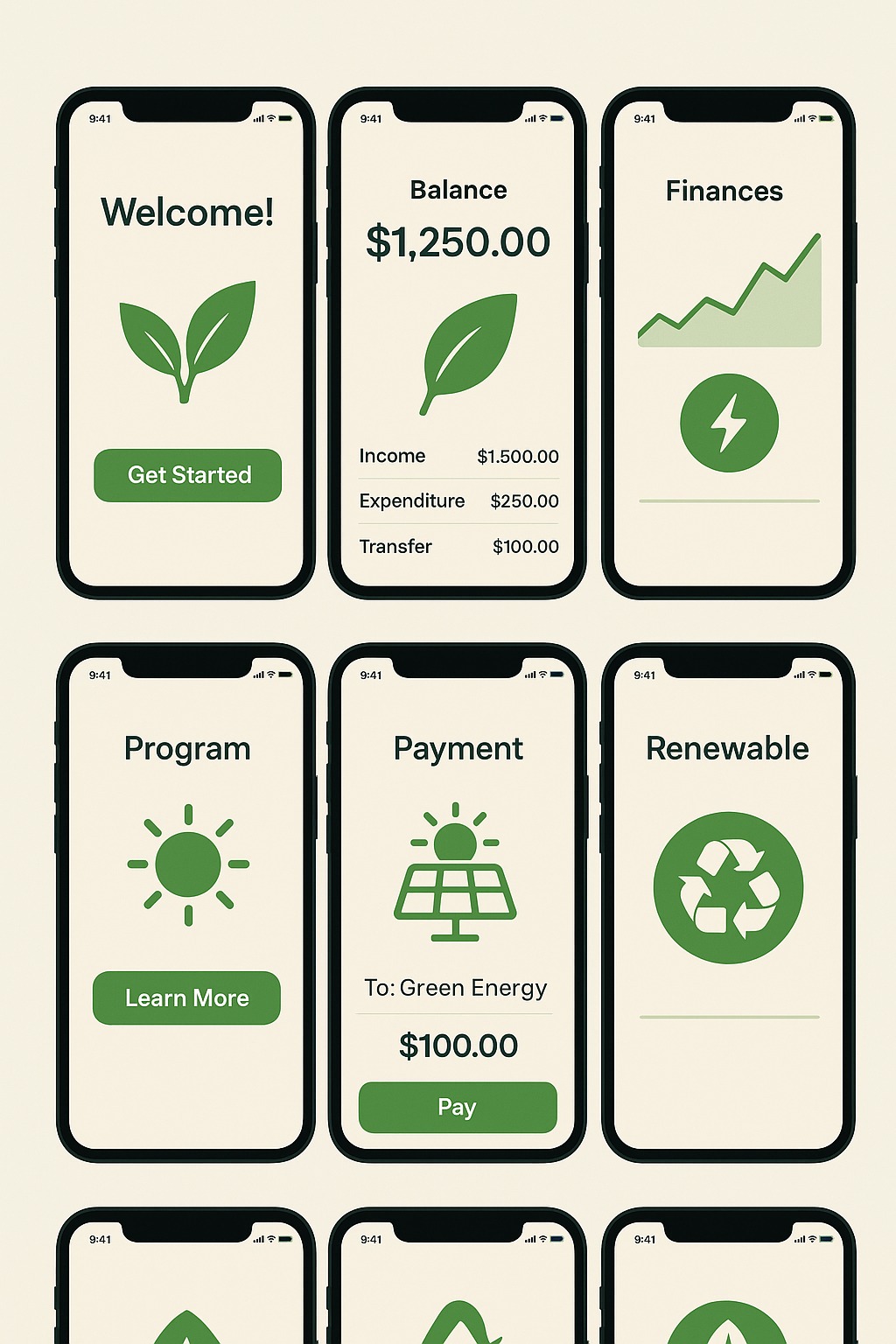 Collage of fintech app screens with eco-friendly icons like leaves, solar panels, and renewable energy symbols.
