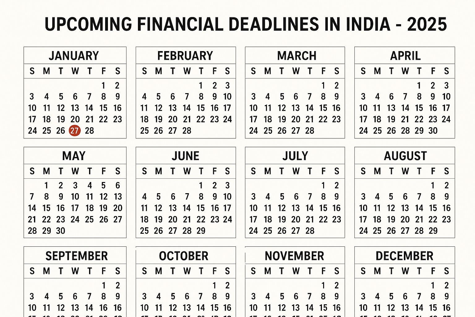 Calendar showing upcoming financial deadlines in India 2025