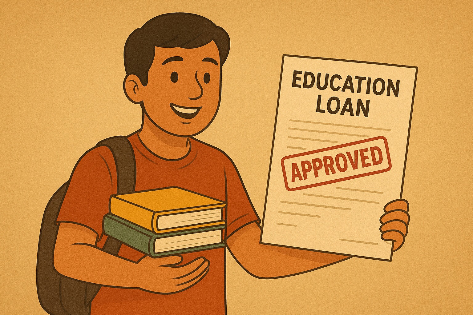 Student holding books with education loan approval stamp