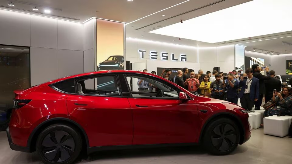Tesla Model Y on display during India launch event