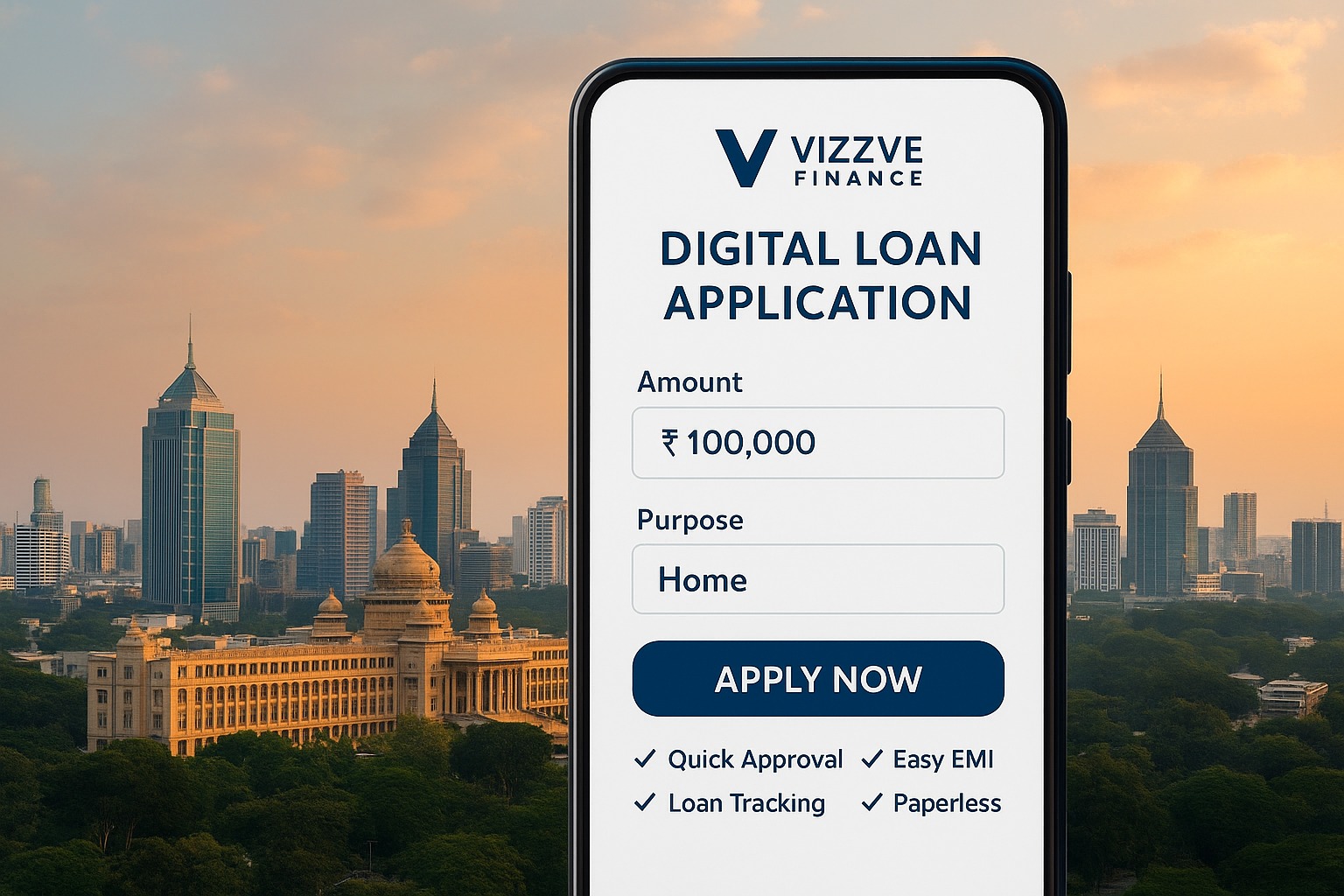 Bangalore skyline with a digital loan application interface from Vizzve Finance