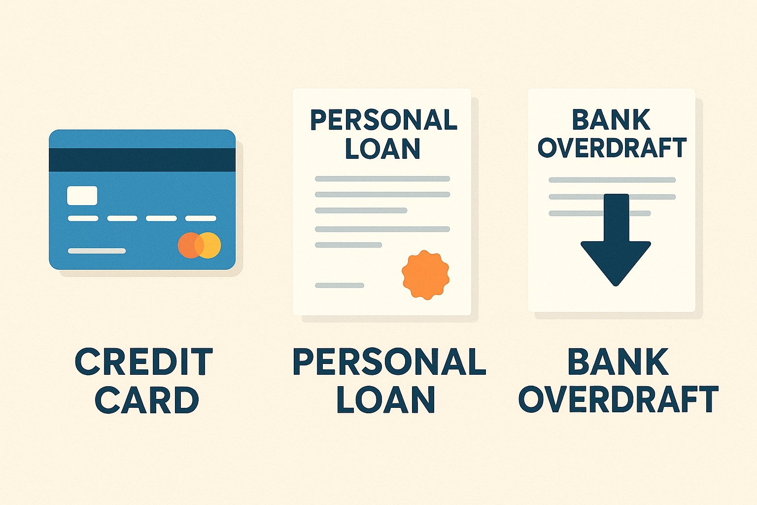 Credit card, personal loan documents, and bank overdraft illustration showing comparison