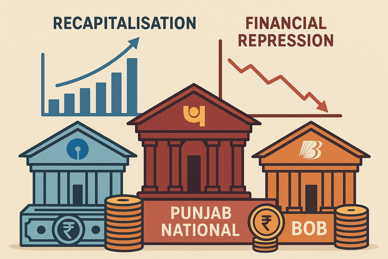 Indian public sector banks with financial charts representing recapitalisation and financial repression