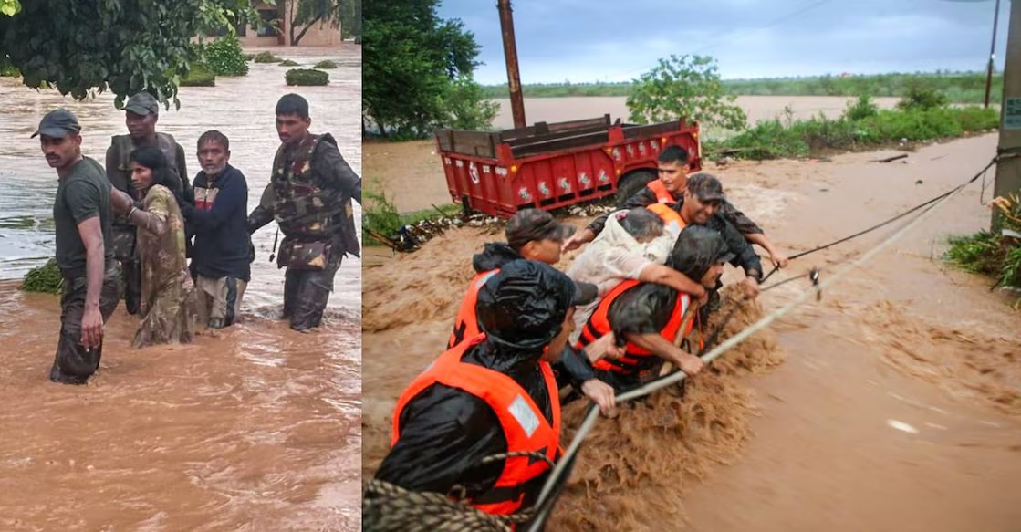Flooded streets in Northern India with rescue operations underway