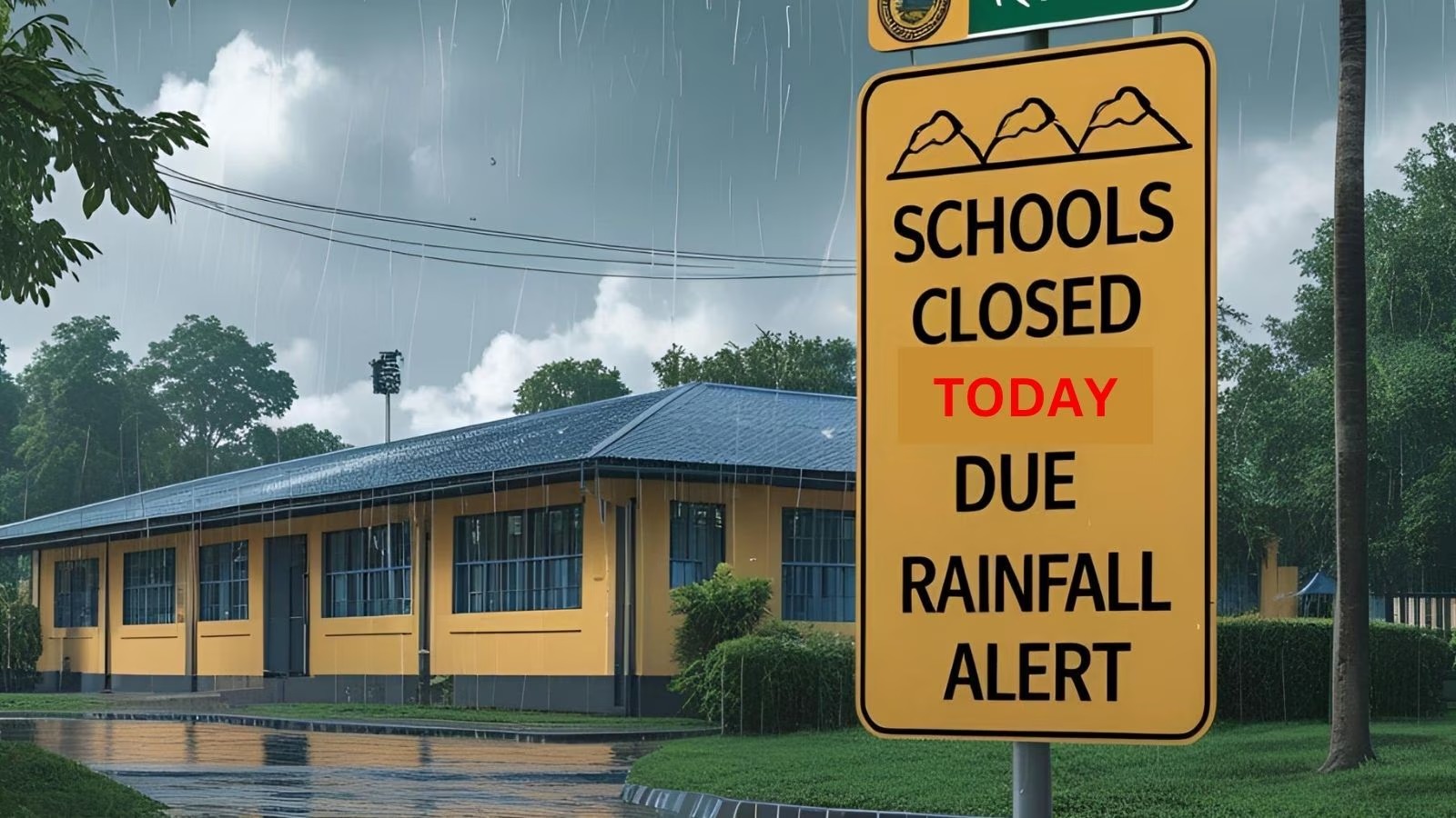 Closed school gate due to rain and local festival celebrations