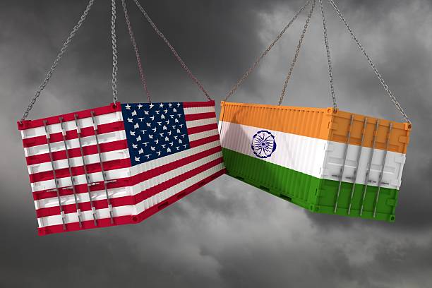 Indian flag with trade and tariff symbols representing US-India trade tensions