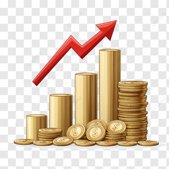 Shiny gold bars and coins with upward trend arrow