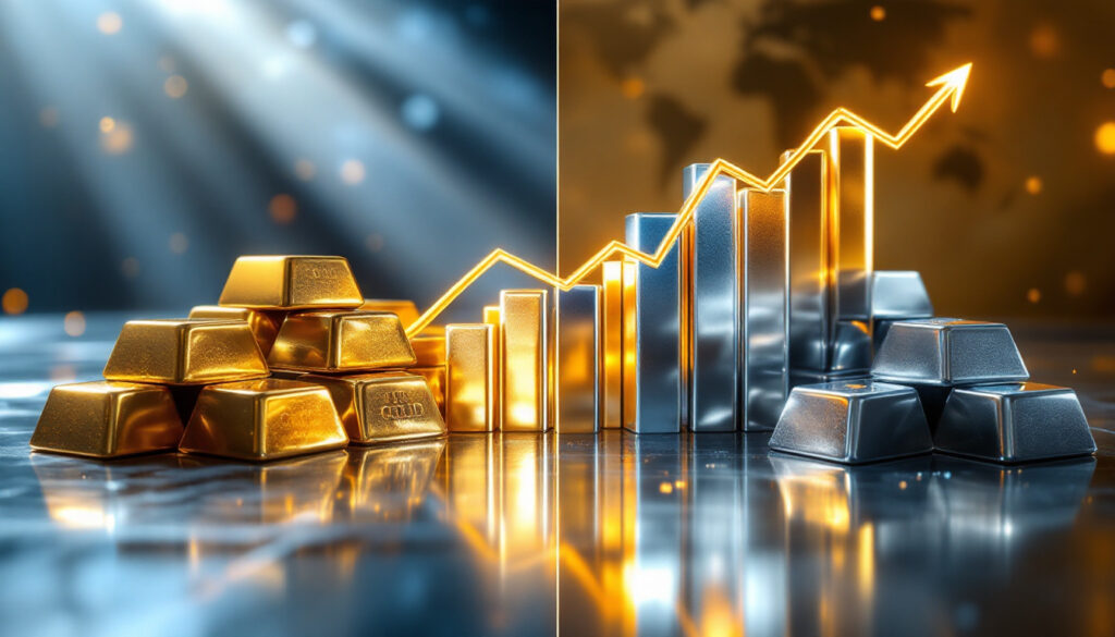 Gold and silver bars with market trend chart in background
