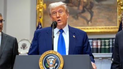 Donald Trump speaking with India-Pakistan conflict news overlay