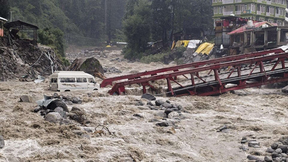 Landslide in Akhada Bazaar, Kullu district, Himachal Pradesh during heavy monsoon rains, houses damaged