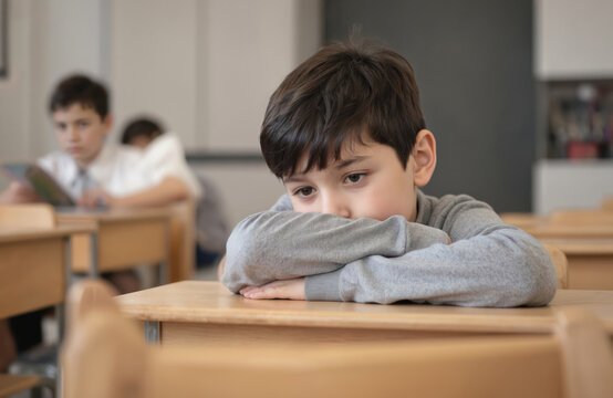 Sad school student sitting alone on classroom bench in India