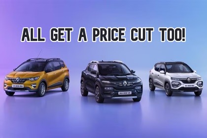 Renault Kwid, Triber, and Kiger lineup displayed at showroom after price cut
