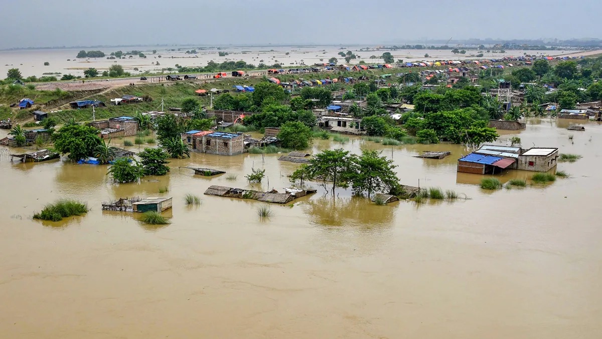Rivers in flood stage with overflowing banks in India