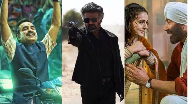 Rajinikanth Jailer movie theater crowd with Gadar 2 posters in North India