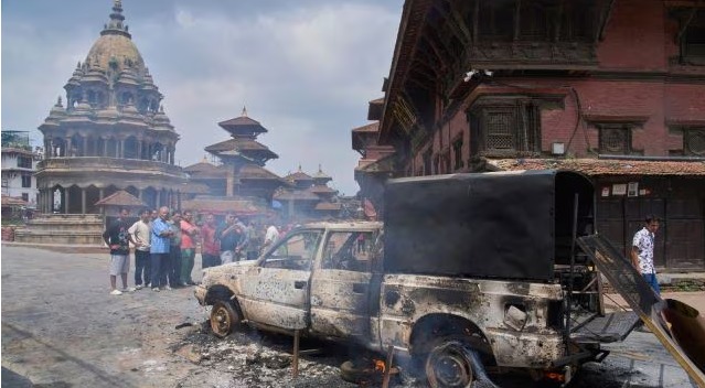 "Protesters in Kathmandu during Gen Z-led demonstrations against social media ban."