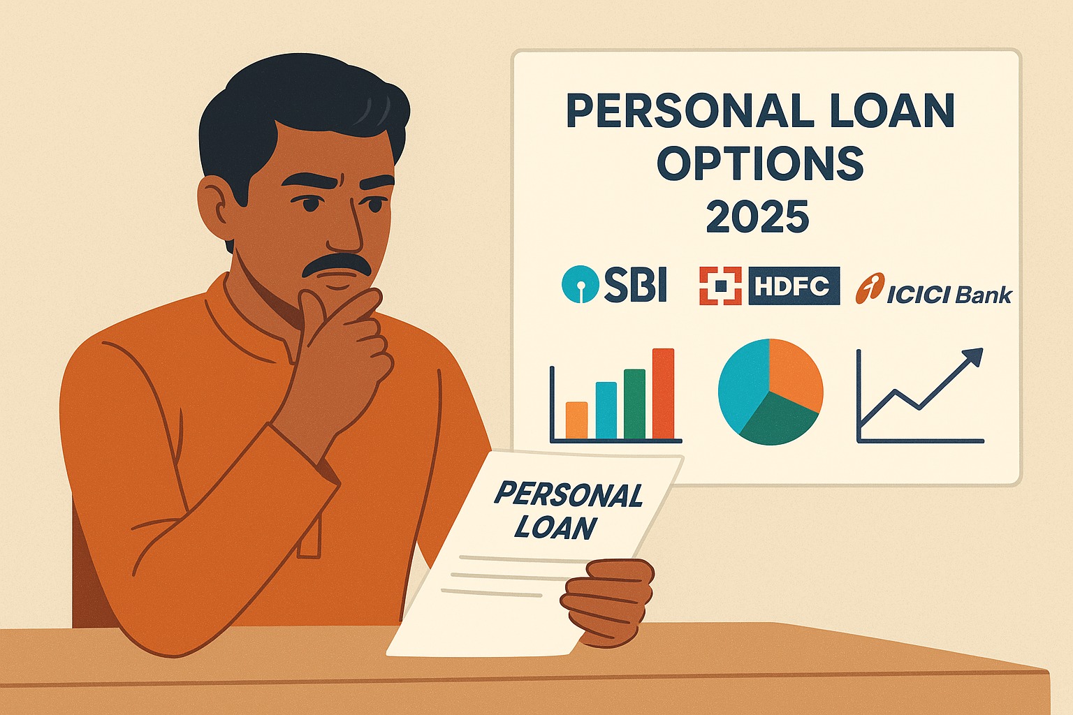 Indian person comparing personal loan options for 2025 with charts and bank logos.